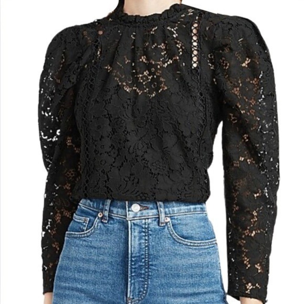 Express NWT Black Floral Lace Mock Neck Blouse Puff Sleeve Ladder‎ Trim Size XL